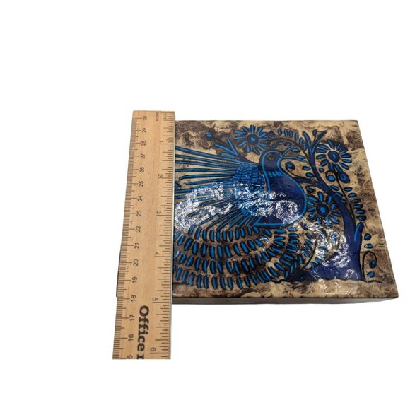 VTG Handmade Amati Painted Bark Box With Blue Peacock Design & Hinged Lid - Picture 7 of 12